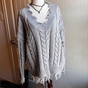 Entro Distressed Gray V-Neck Sweater
